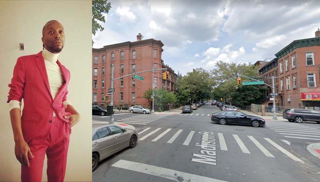 Photograph of Brandon DAvis, who is wearing a red suit and looking very stylish, next to an image of the intersection where he was killed